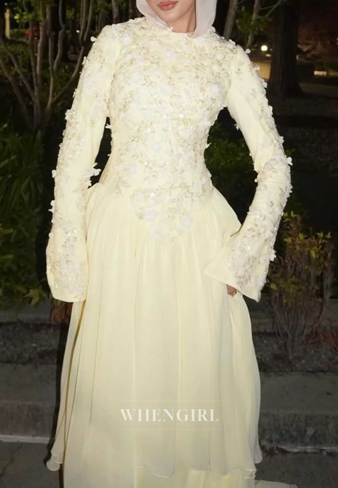 High Neck 3D Floral Applique Long Sleeve Gown