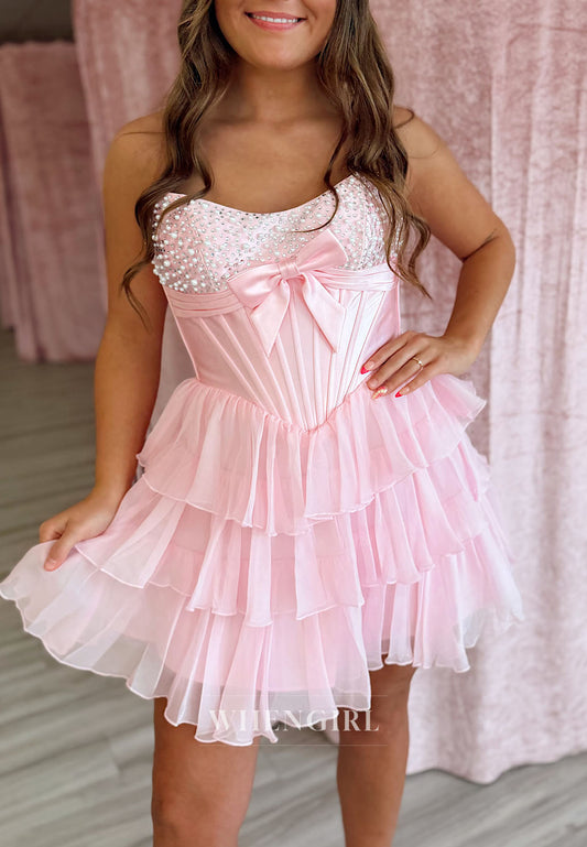 Strapless Corset Beaded Tiered Ruffle Mini Dress