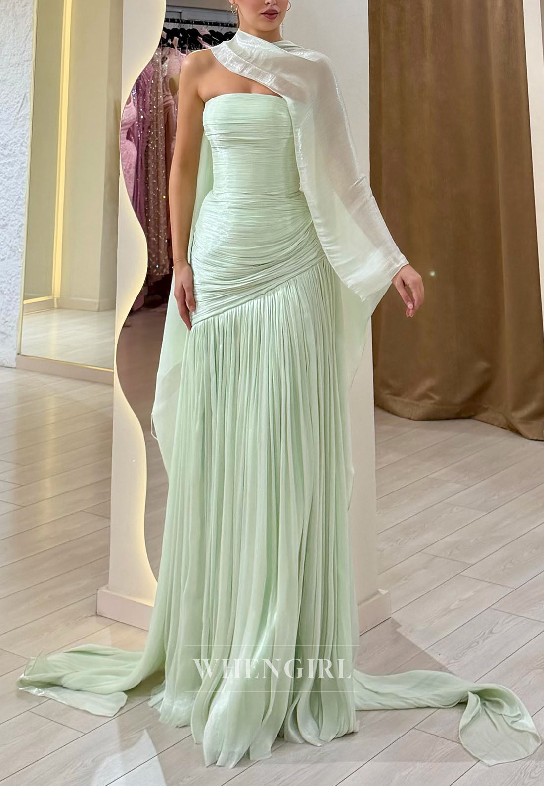 Strapless Pleated Evening Gown with Convertible Cape