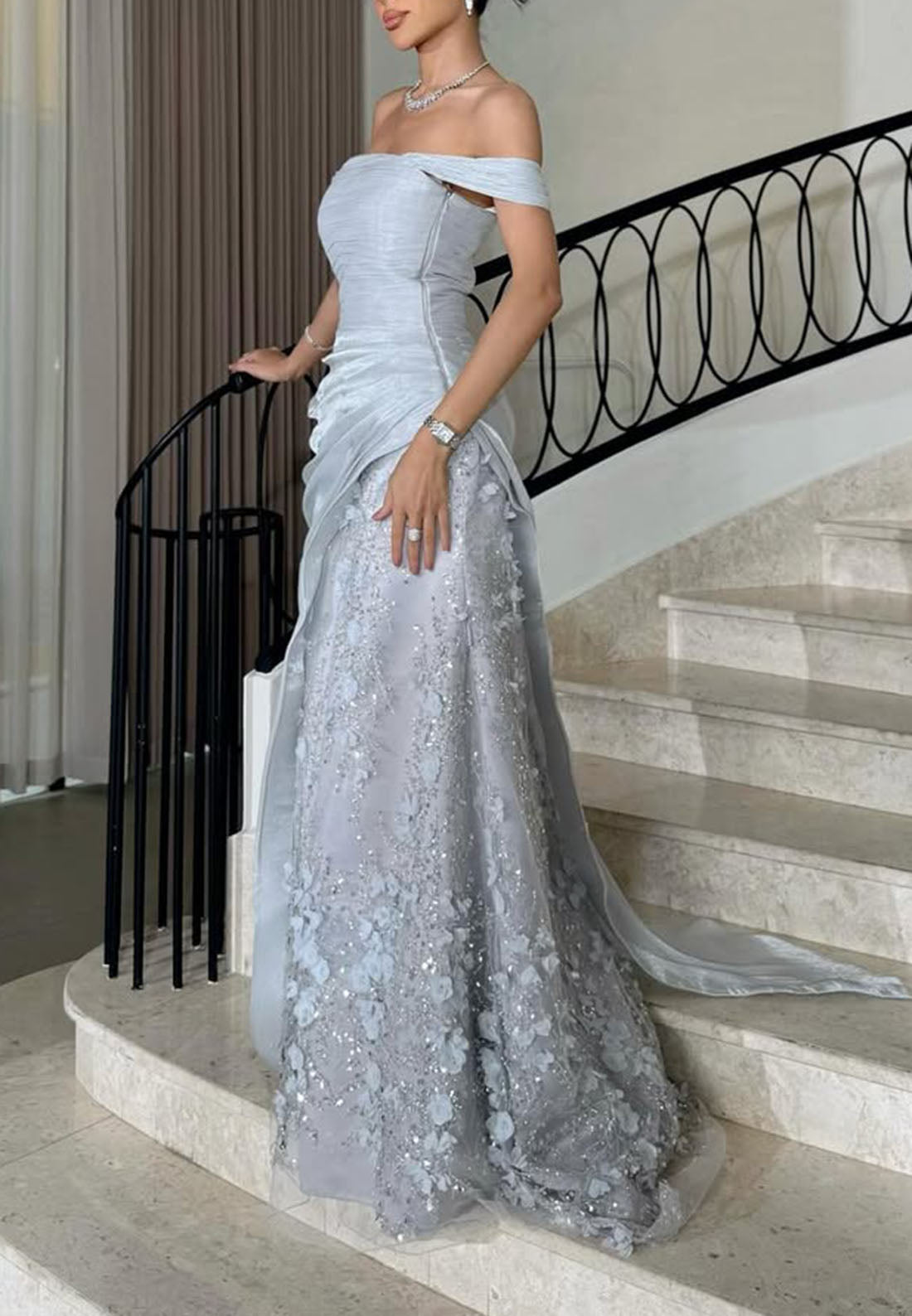 Off-the-Shoulder Draped Gown with 3D Flowers