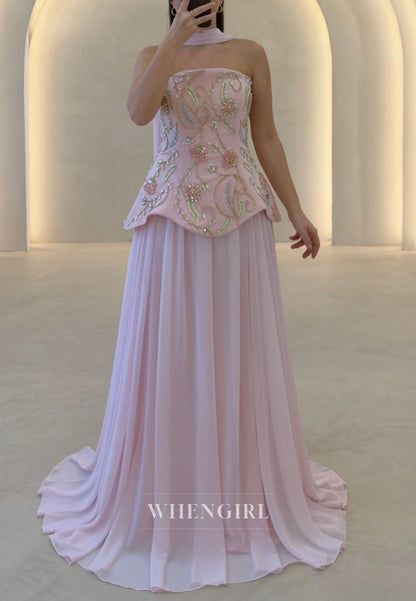Embroidered Strapless Peplum Gown with Shawl