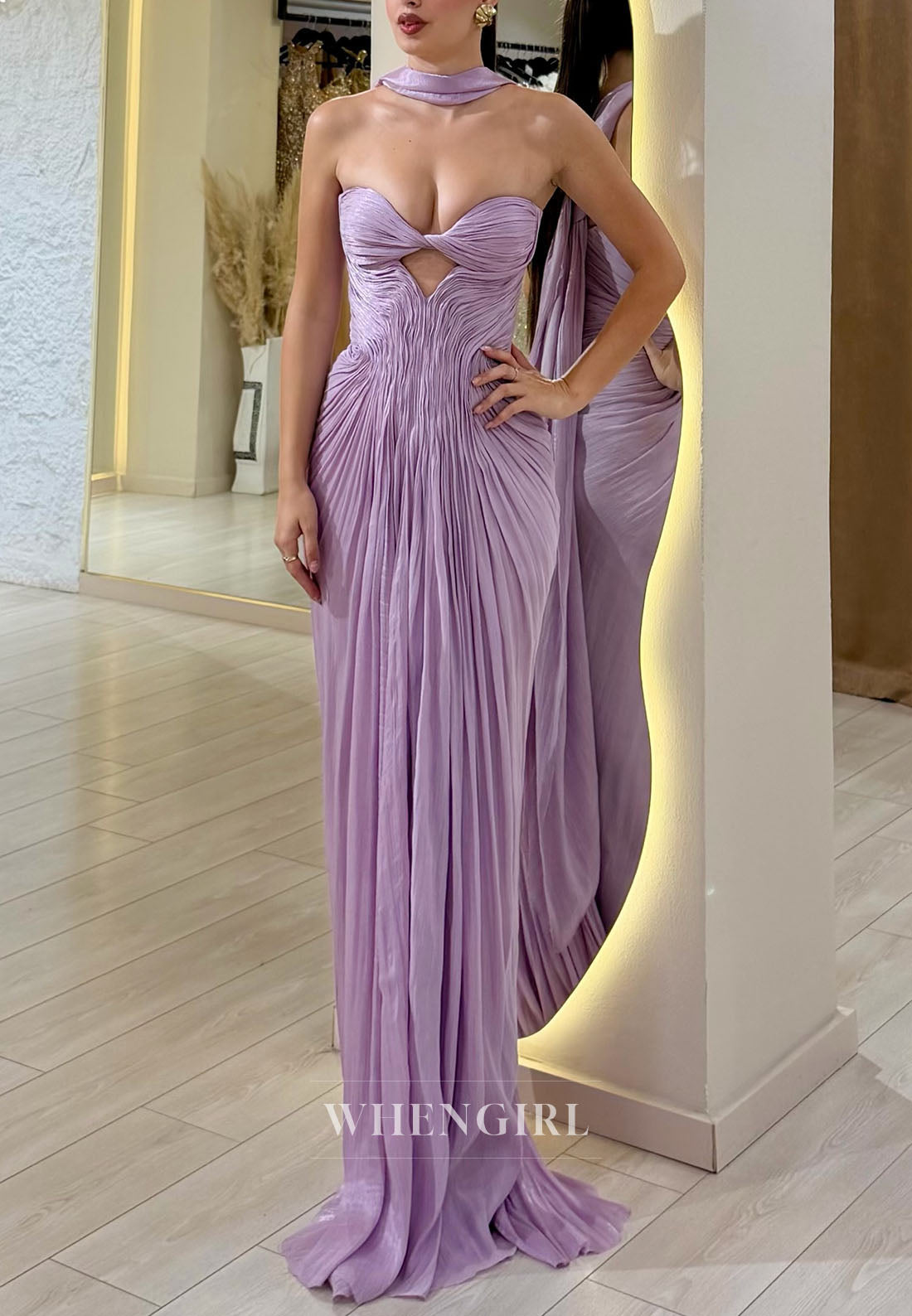 Strapless Pleated Evening Gown with Keyhole
