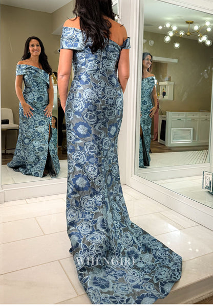 Off-Shoulder Floral Jacquard Gown with Slit