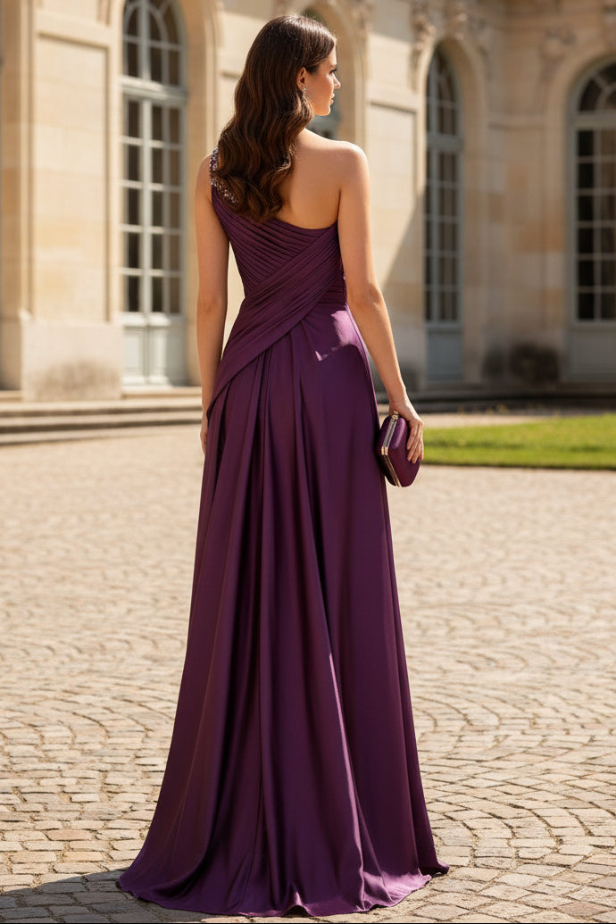 One-Shoulder Pleated Satin Evening Gown