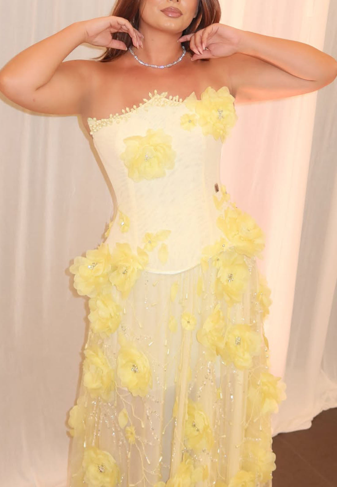 Strapless 3D Floral Applique Corset Evening Gown