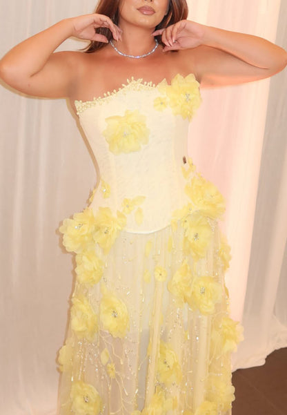 Strapless 3D Floral Applique Corset Evening Gown