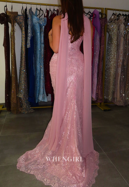 Strapless Lace Corset Gown with Scarf
