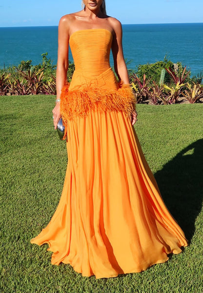 Strapless Ruched Gown with Feather Trim
