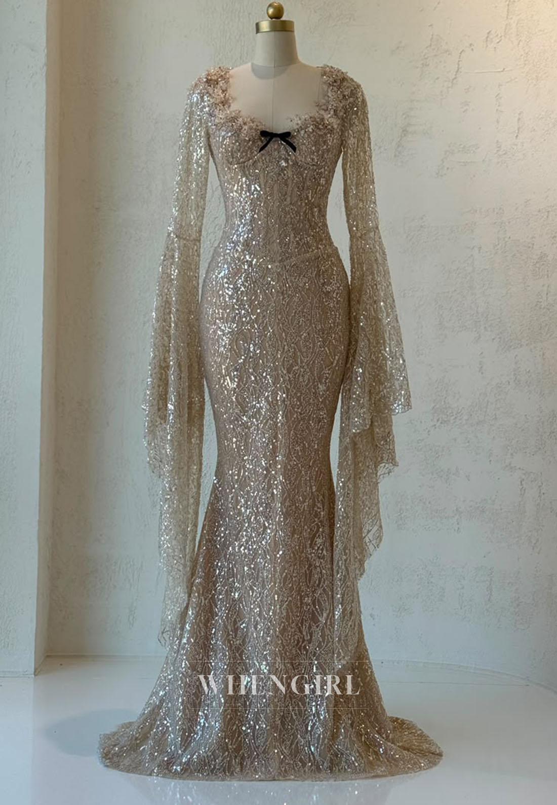 Sequined Mermaid Gown with Bell Sleeves