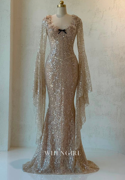 Sequined Mermaid Gown with Bell Sleeves