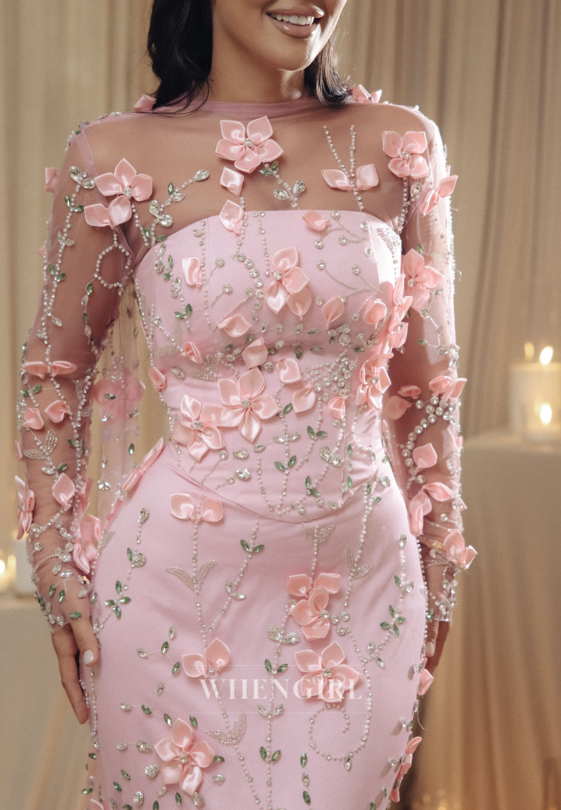 3D Floral Applique Illusion Mermaid Evening Gown