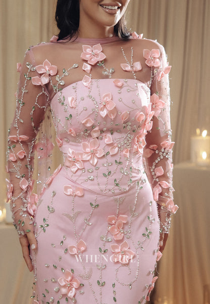 3D Floral Applique Illusion Mermaid Evening Gown