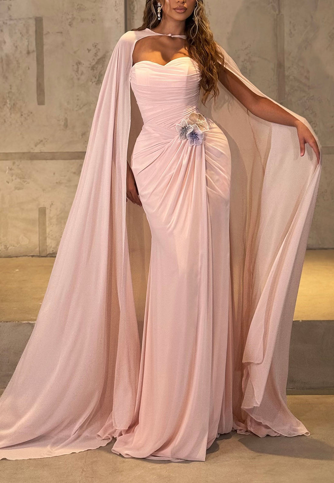 Ruched Evening Gown with Cape and 3D Flowers