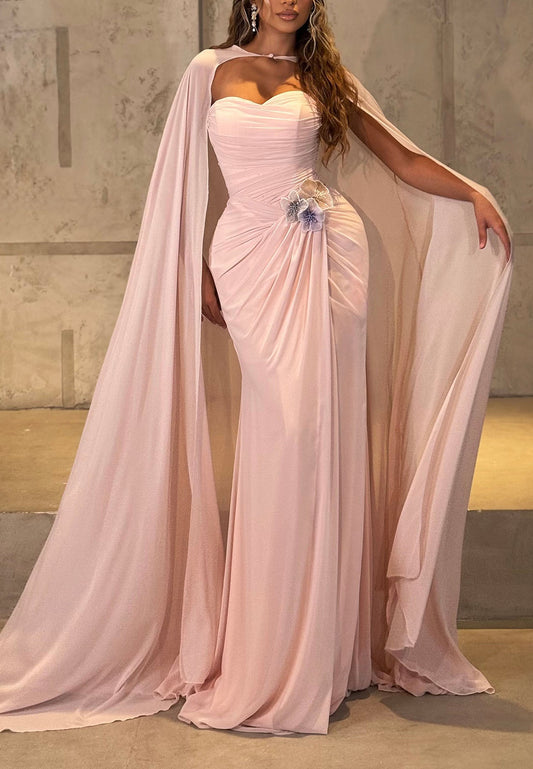 Ruched Evening Gown with Cape and 3D Flowers