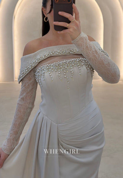 Off-Shoulder Pearl Embellished Lace Sleeve Gown