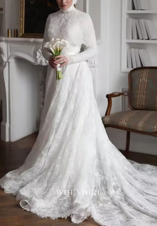 High Neck Lace A-Line Wedding Dress with Train