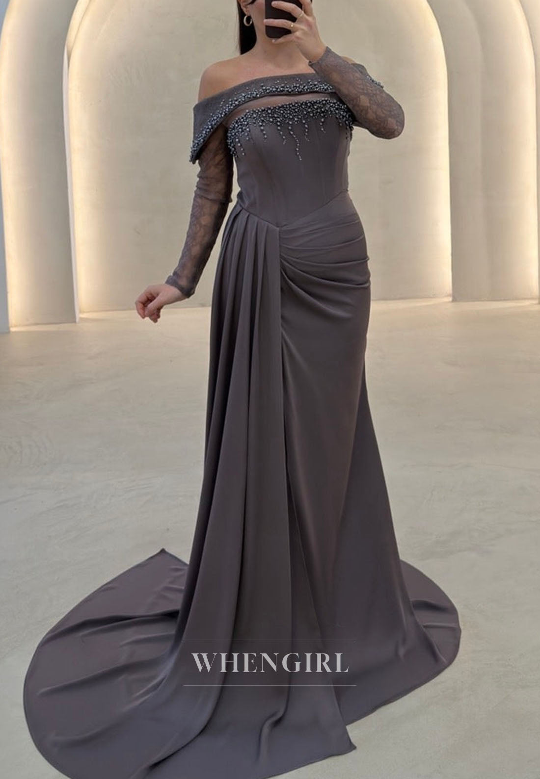 Off-Shoulder Pearl Embellished Lace Sleeve Gown