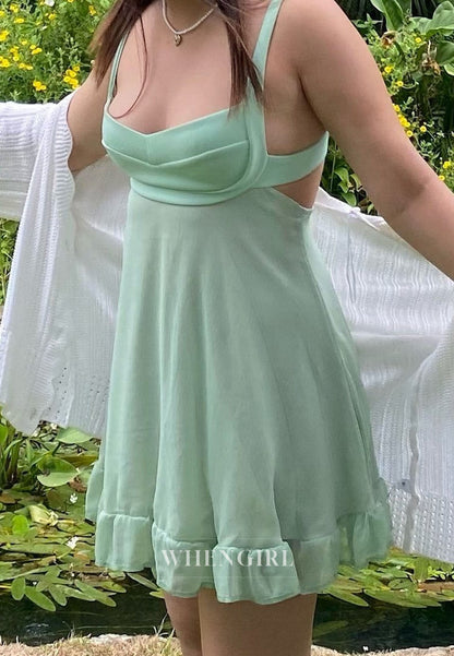 Square Neck Cut-Out Mini Dress with Ruffle Hem