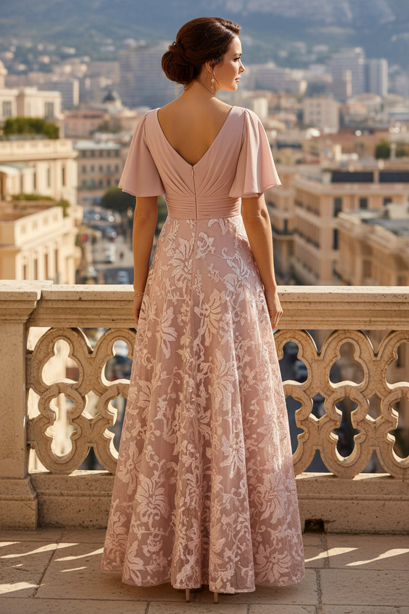 Flutter Sleeve Lace A-Line Evening Gown