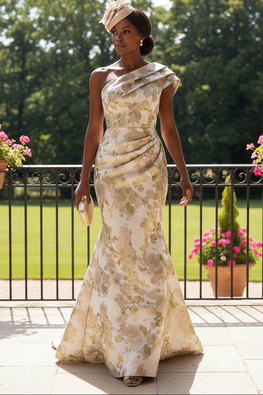 Metallic Jacquard One-Shoulder Evening Gown