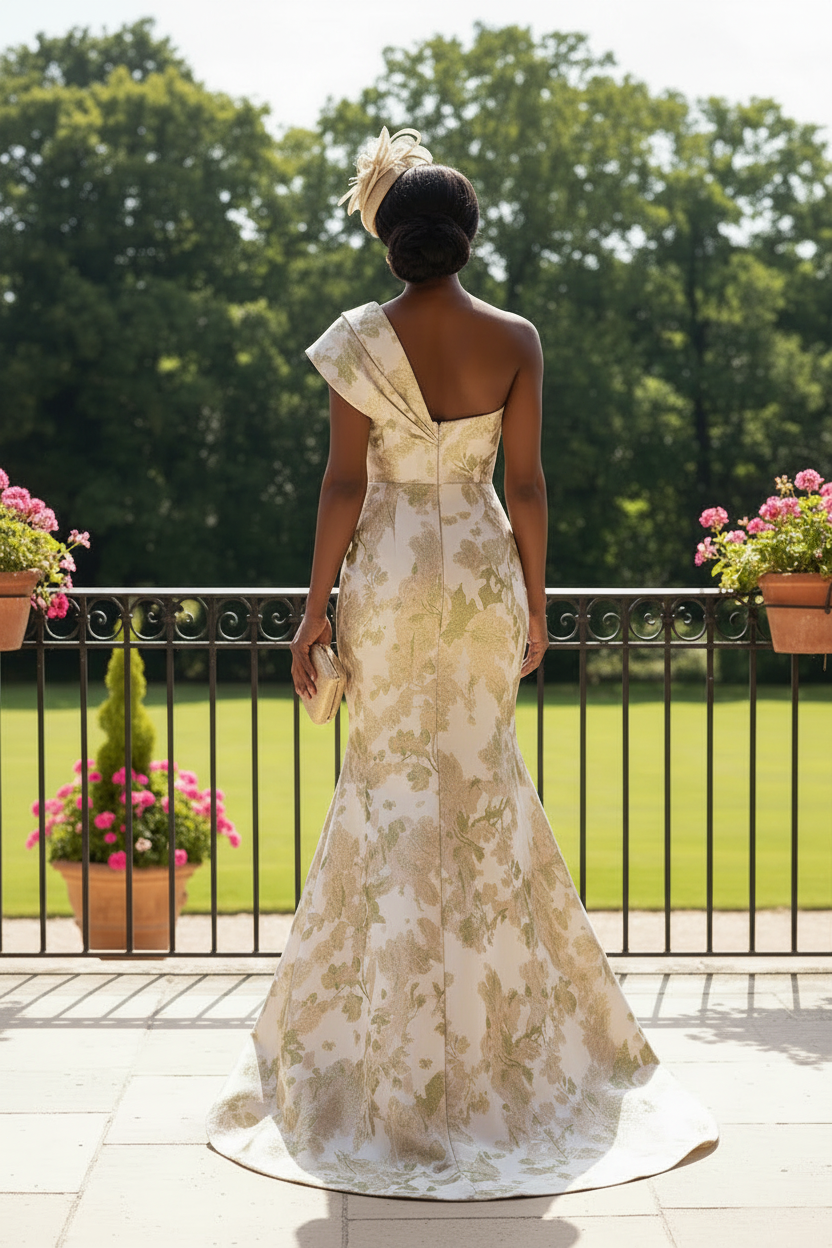 Metallic Jacquard One-Shoulder Evening Gown