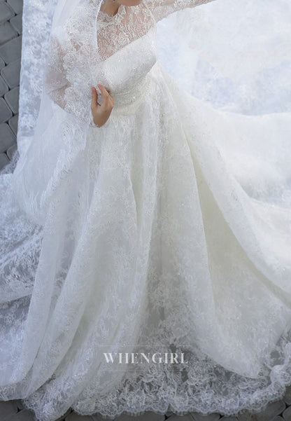 High Neck Lace Long Sleeve Ball Gown Wedding Dress