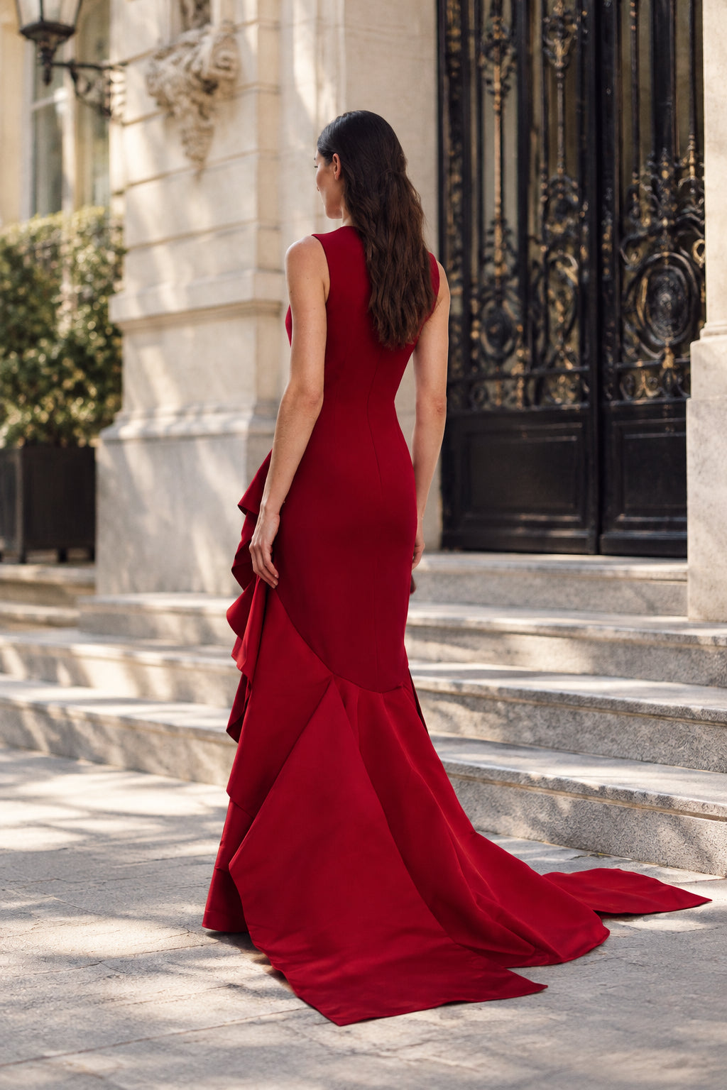 Sleeveless Mermaid Gown with Cascading Ruffle Slit