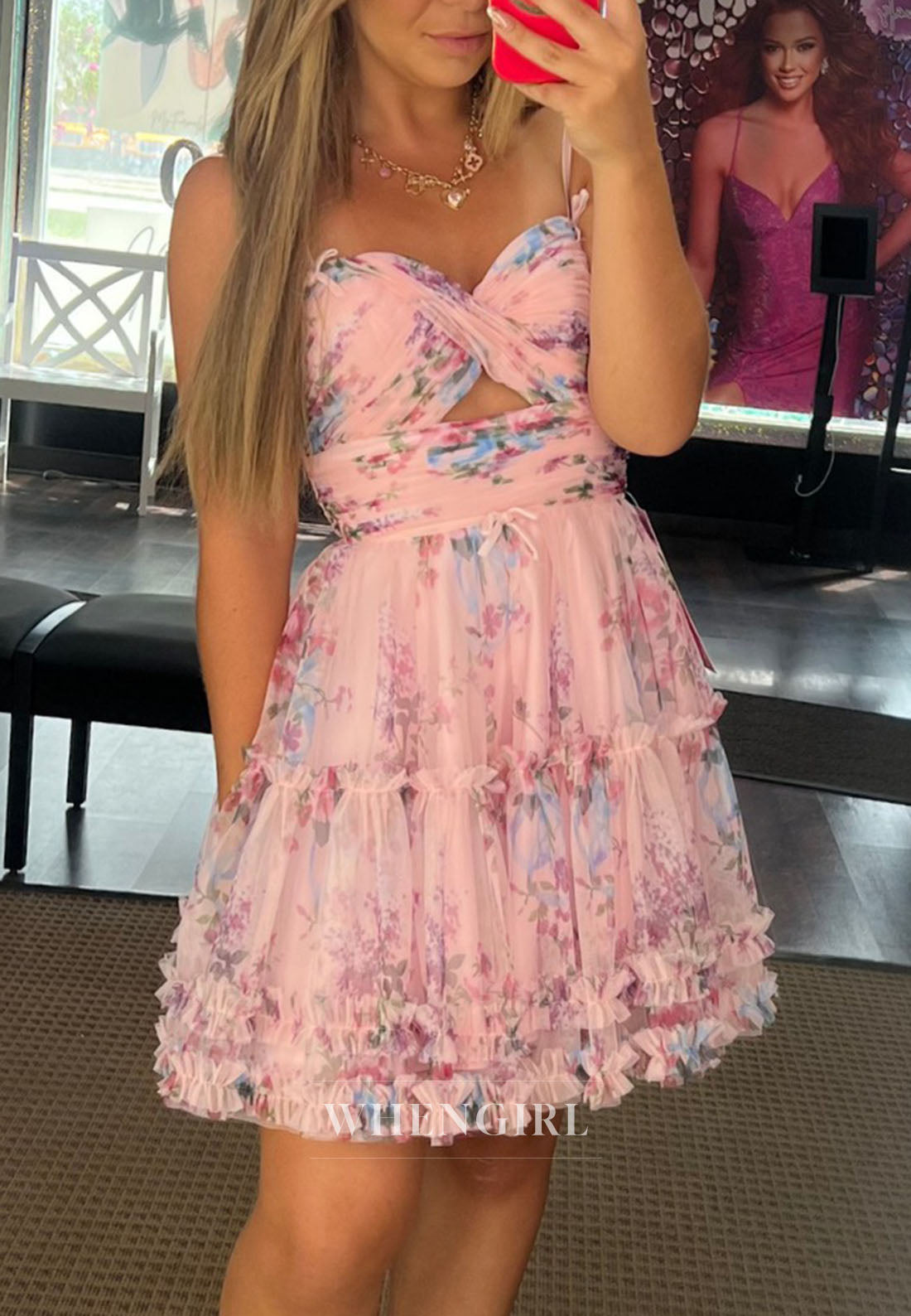 Floral Print Cut-Out Mini Dress with Ruffled Skirt