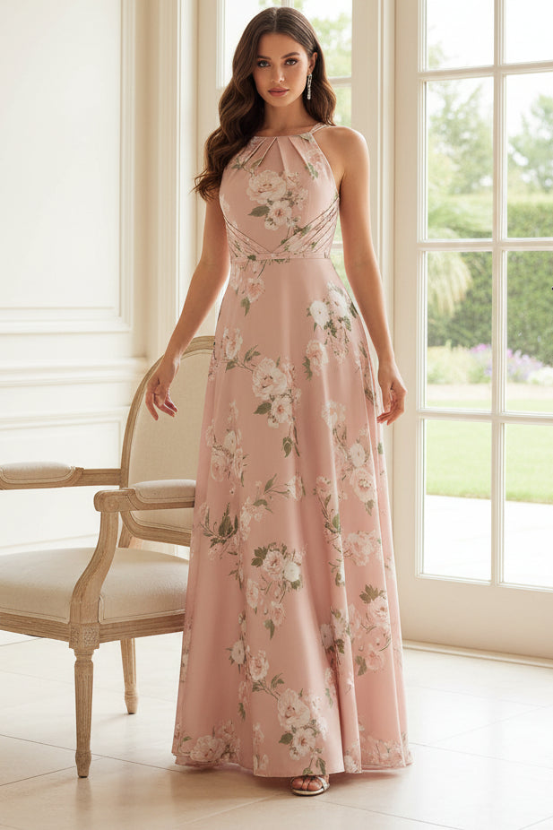 Floral Print Halter A-Line Floor-Length Gown