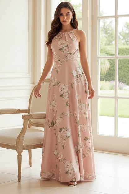 Floral Print Halter A-Line Floor-Length Gown