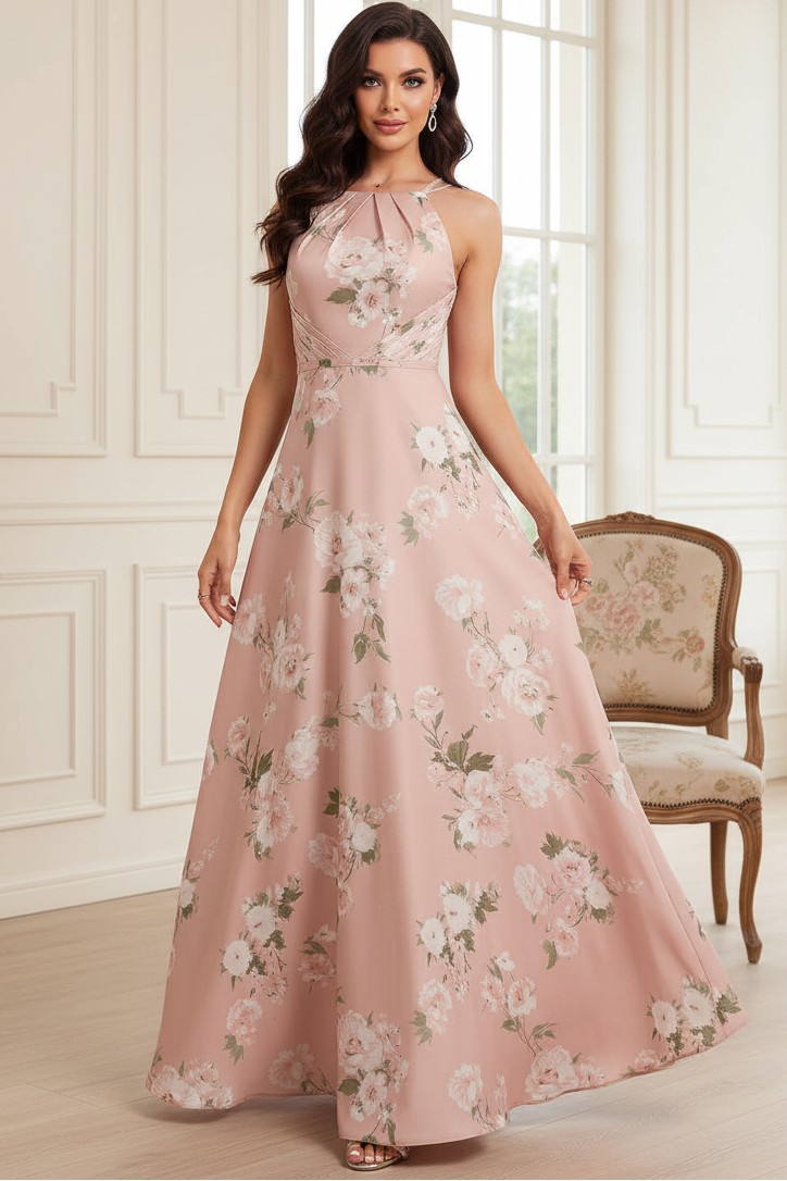 Floral Print Halter A-Line Floor-Length Gown