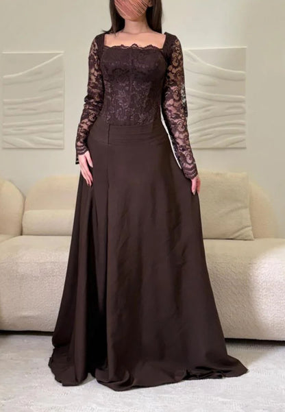 Lace Corset Bodice Long Sleeve Floor-Length Gown