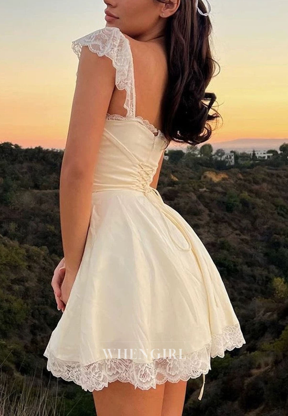 Lace Trim Ruched Bust Mini Dress with Cap Sleeves