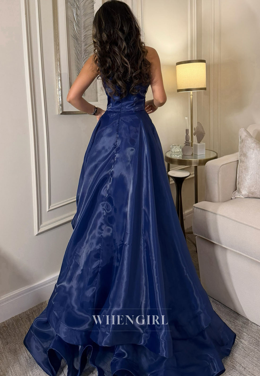 Strapless Ruched Gown with Cascading Ruffle