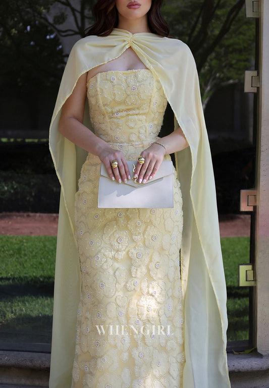 Strapless Floral Applique Gown with Chiffon Cape