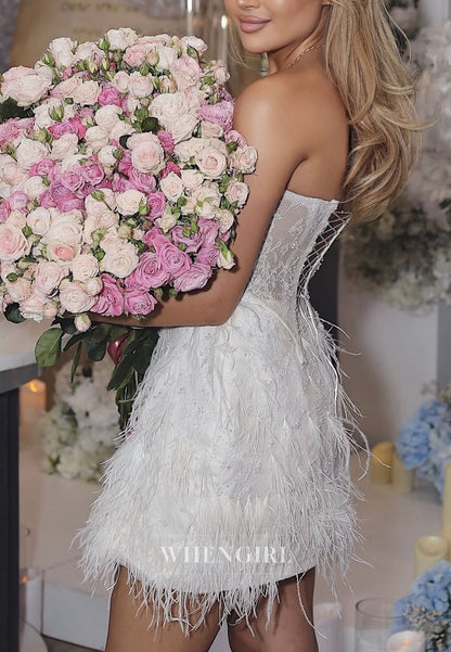 Strapless Lace Corset Mini Dress with Feathers