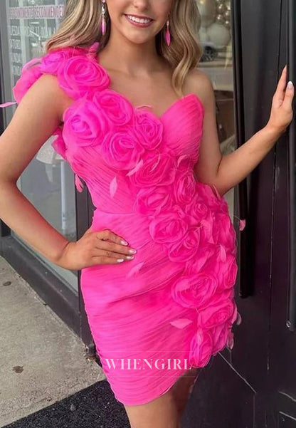 One-Shoulder Ruched Mini Dress with 3D Rosettes