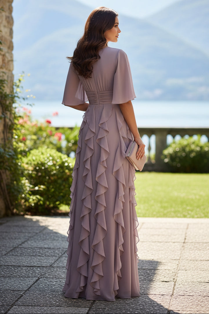 Flutter Sleeve Ruffled Chiffon Evening Gown