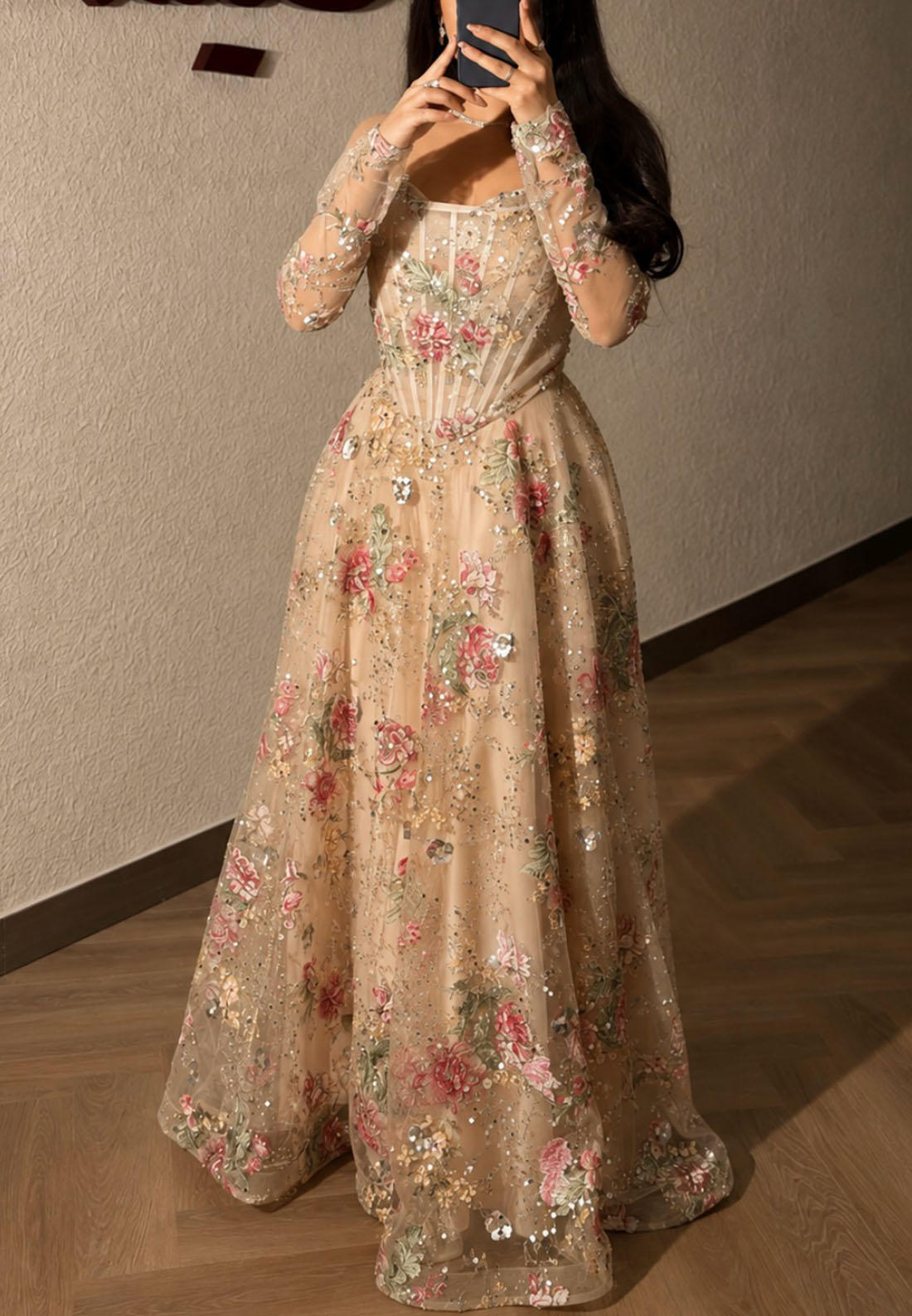 Floral Embroidered Corset Evening Gown