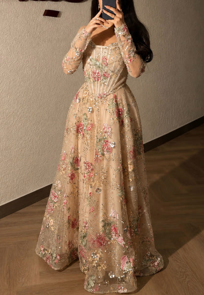 Floral Embroidered Corset Evening Gown