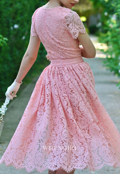 Lace Midi Dress with Overskirt and Belt
