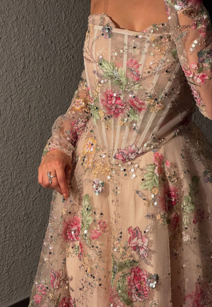 Floral Embroidered Corset Evening Gown