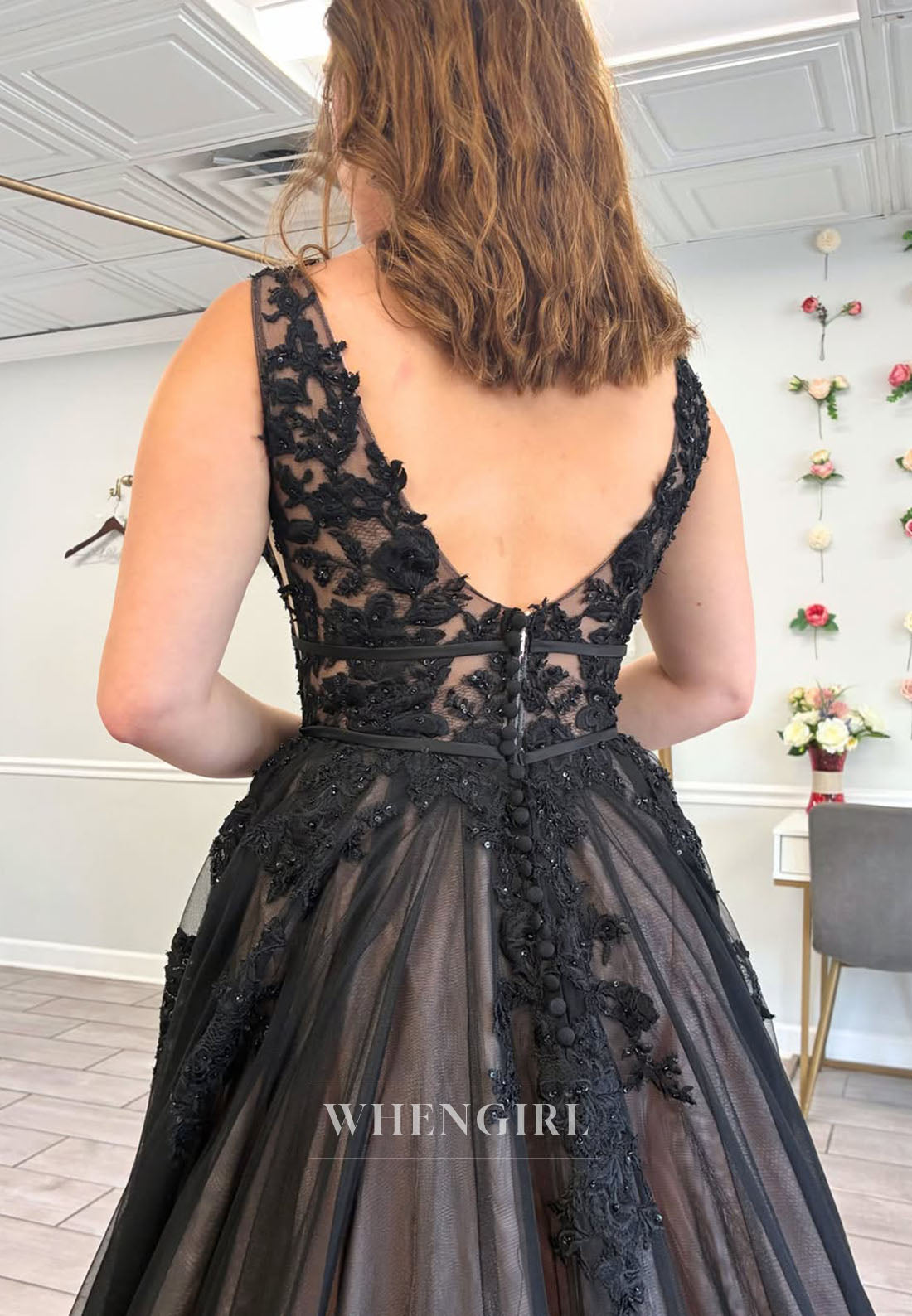 Beaded Lace Applique Tulle Gown with Train