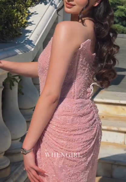 Strapless Beaded Corset Lace Gown with High Slit
