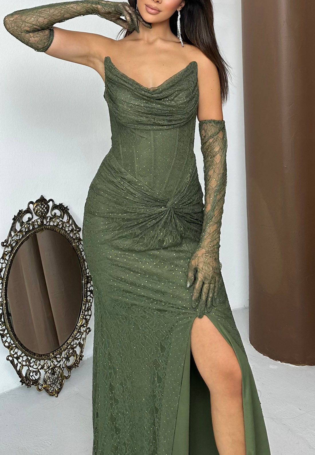 Strapless Lace Corset Gown with Slit and Gloves