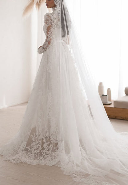 High-Neck Lace Long-Sleeve A-Line Wedding Dress