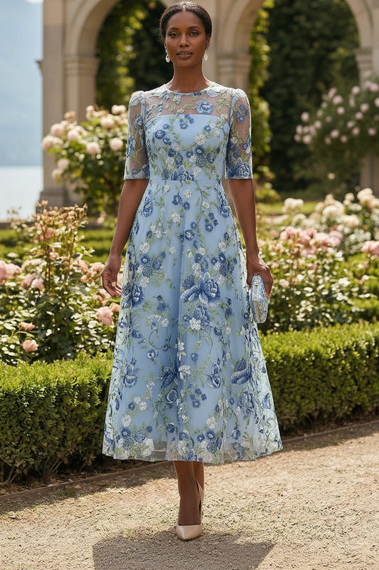 Embroidered Floral Illusion A-Line Midi Dress