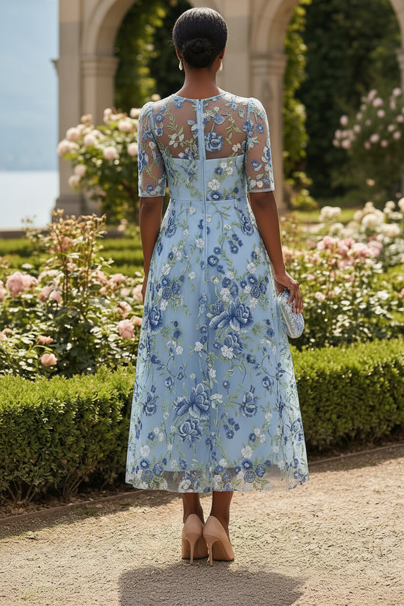 Embroidered Floral Illusion A-Line Midi Dress