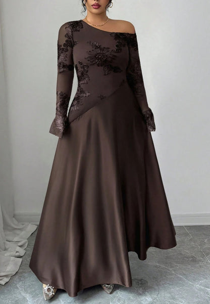 Asymmetrical Neck Floral Lace Maxi Dress
