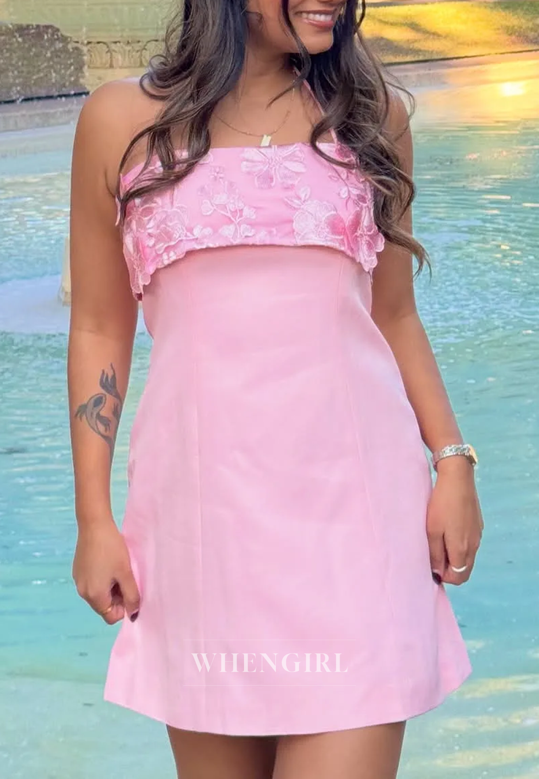 Floral Applique Bodice Mini Dress with Halter Ties
